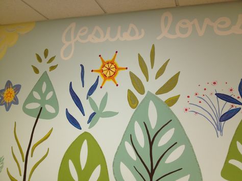 Detail from a church nursery mural by Liz Richter.  #church #nursery #jesuslovesme #midcentury #modern #trees #christian #children #abstract #blue #green #teal Church Nursery Mural, Sunday School Room Decor, Church Mural, Childrens Ministry Decor, Church Nursery Decor, Church Nursery Ideas, Kids Church Rooms, Kids Church Decor, Kids Mural