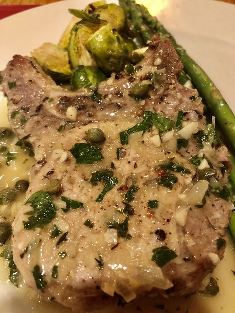 Pork Chops in Lemon-Caper Sauce - Sidra Cooks Cod Piccata Recipe, Recipe For Pork Chops, Recipe For Pork, Lemon Caper Sauce, Piccata Recipe, Caper Sauce, Sauteed Spinach, Nyt Cooking, Roasted Asparagus