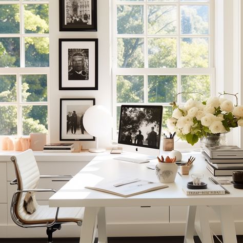 Home Office Imac Aesthetic, Woman's Office Ideas, Office With White Desk, Office Room Inspiration, Elegant Home Office, Woman Office, Productive Work, Room Inspired, Cozy Home Office