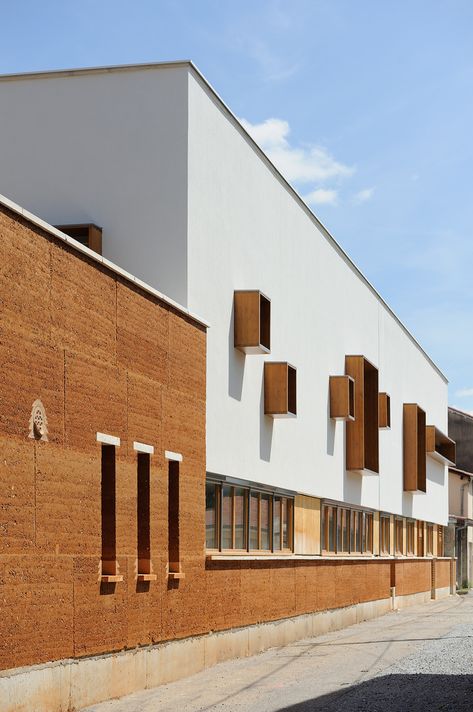 Gallery of Nursery School at Roches de Condrieu / Brenas Doucerain Architectes - 12 Facade Panel, Architecture Collage, Rammed Earth, Cultural Architecture, Education Architecture, Nursery School, Facade Architecture, Sustainable Architecture, Facade Design