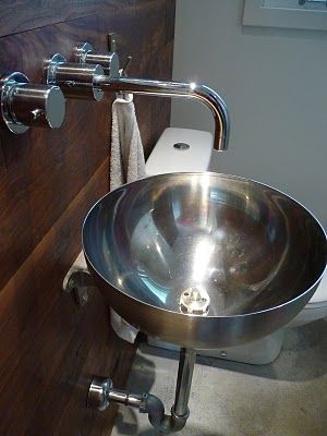 IKEA salad bowl sink! Minimalist and definitely mod! Kinda love for a half bath!!!! Diy Bathroom Sink, Bathroom Sink Bowls, Airstream Bambi, Wet Bath, Bathroom Sink Storage, Air Stream, Airstream Remodel, Small Bathroom Sinks, Bathroom Hacks