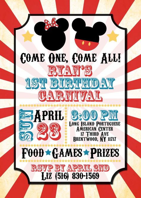 Ryan's Mickey Carnival Birthday Bash | CatchMyParty.com Disney Carnival Birthday Party, Mickey Mouse Carnival Birthday Party, Mickey Mouse Carnival Party, 1st Birthday Carnival Theme, Birthday Carnival Theme, Circus Birthday Theme, 2025 Theme, Carnival Birthday Party Ideas, Vbs 2025