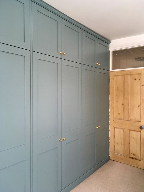 Blue Built In Wardrobe, Mdf Cupboard Doors Design, Coloured Wardrobe Doors, Built In Wardrobe Upcycle Ideas, Painted Built In Wardrobes, Inbuilt Cupboards, Light Blue Wardrobe, Blue Dressing Room, Ikea Bedroom Furniture