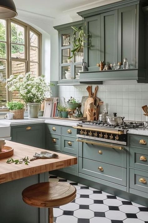 Kitchen With Blue Green Cabinets, Charming Kitchen Ideas, Light Blue And Green Kitchen, Jayco Renovation, Sage Green And Gold Kitchen, Kitchen Remodel Colors, Green And Gold Kitchen, Blue And Green Kitchen, White And Green Kitchen