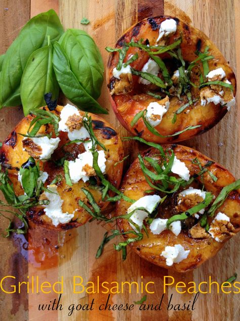 Grilled Peaches Balsamic, Grilled Peaches Recipe, Balsamic Peach, Baked Peach, Grilled Fruit, Baked Fruit, Grilled Peaches, Goat Cheese Salad, Peach Recipe