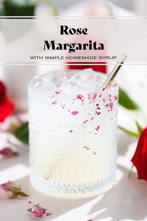 This Rose Margarita is a floral twist on the classic cocktail made with homemade rose syrup. It's super easy to put together and it's a hit at every party! It's also the perfect cocktail for Valentine's Day or Mother's Day! Rose Petal Cocktail, Rose Syrup Drinks, Rose Margarita, Floral Margarita, Rose Drink, Rose Syrup, Beauty And The Beast Theme, Rose Cocktail, Cocktail Syrups