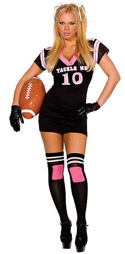 Sexy Football Player Costume Stretch Knit Dress w/Mesh Top SectionAttached Shoulder PadsGlovesThigh High SocksInflatable FootballYou won't have any problems re Soccer Player Costume, Football Player Halloween Costume, Football Player Halloween, Girls Football Outfit, Football Halloween Costume, Football Player Costume, Football Costume, Home Halloween Costumes, Party City Costumes