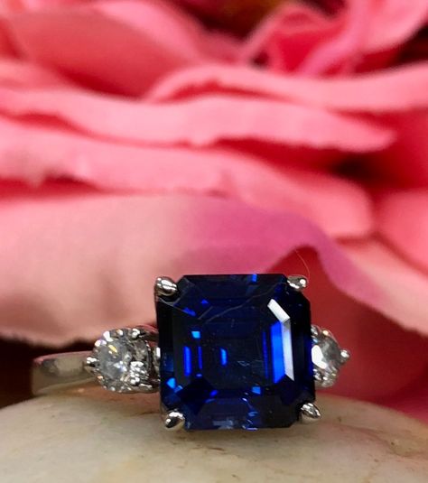 Blue sapphire asscher cut ring with genuine diamonds 2.50 ctw | Etsy Ceramic Bead Jewelry, Asscher Cut Ring, Leaf Engagement Ring, Precious Rings, Sapphire Rings, Three Stone Engagement Ring, Engagement Ring White Gold, Ring White Gold, 14k Rose Gold Ring