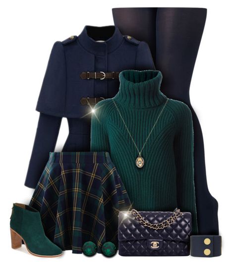 "Forest Green and Navy Blue Winter Plaid Skirt Fashion" by superstylist ❤ liked on Polyvore featuring Alexander McQueen, Chicwish, Chanel, Ila&I, Ted Baker, Marni and Kenneth Jay Lane Green Outfits For Women, Navy Blue Outfit, Slytherin Fashion, Green Plaid Skirt, Winter Plaid, Blue Winter, Winter Girls, Green Outfit, Simple Trendy Outfits