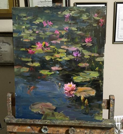 Water Lilies Photo, Lilies Painting Easy, Water Painting Ideas Aesthetic, Water Lillie’s, Money Water Lilies, Lilypads Art, Watercolor Waterlilies, Painting Water Acrylic, Lilypad Painting