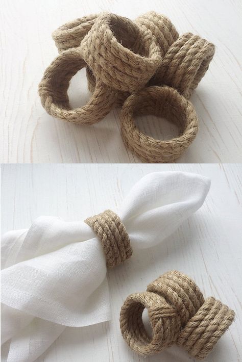 Thanksgiving Table Settings Rustic, Rope Napkin Rings, Joululahjat Diy, Diy Napkin Folding, Thanksgiving Table Settings Simple, Rustic Napkin Rings, Napkin Rings Diy, Rustic Napkins, Rustic Table Decor