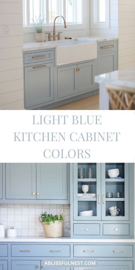 Transform your kitchen into a serene oasis with light blue cabinet colors! This refreshing hue adds a touch of calmness and elegance to any space. #lightbluekitchencabinets #kitcheninspo #kitchendecor Kitchens With Light Blue Cabinets, Light Blue Lower Cabinets White Upper, Blue Kitchen Apartment, Blue Beach Kitchen, Light Blue Cabinet Colors, Light Blue Cupboards, Pastel Blue Paint Colors, Sky Blue Kitchen Cabinets, White And Light Blue Kitchen