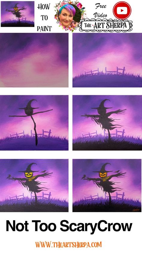 Halloween Canvas Paintings, Scary Scarecrow, Art Sherpa, The Art Sherpa, Fall Canvas Painting, Guided Art, Paint Nite, Canvas Painting Tutorials, Dekor Diy