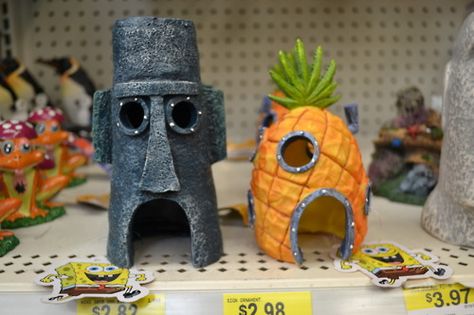 Spongebob's house & Squidward's Squidward House, Spongebob House, Modeling Clay, Bird House, Cartoon Art, Lion Sculpture, Tower, Outdoor Decor, Memes