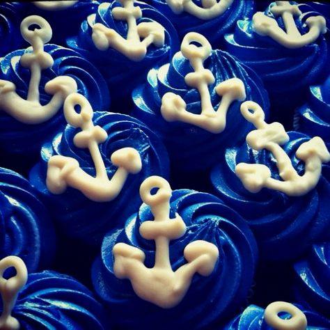 Anchor cupcakes, possibly for my going away party? :) Us Navy Themed Party, Navy Officer Commissioning Party, Us Navy Cupcakes, Navy Send Off Party Ideas Boot Camp, Us Navy Party, Navy Cupcakes, Anchor Cupcakes, Navy Sister, Deployment Party