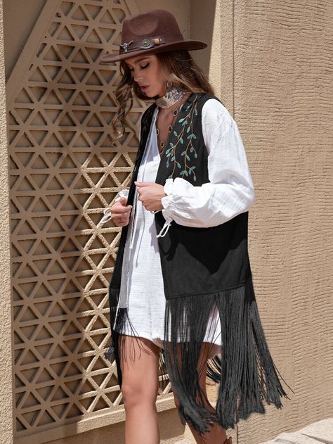 White Dress With Black, Open Front Vest, Boho Trends, Fringe Vest, Suede Coat, Black Fringe, Suede Fringe, Basic Style, Front Design