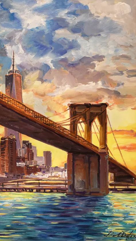 Acrylic Painting New York, Nyc Painting Acrylic, Painting Ideas City, Drawing Seasons, Brooklyn Painting, Bridge Art Paintings, Nyc Painting, Nyc Watercolor, New York Landscape