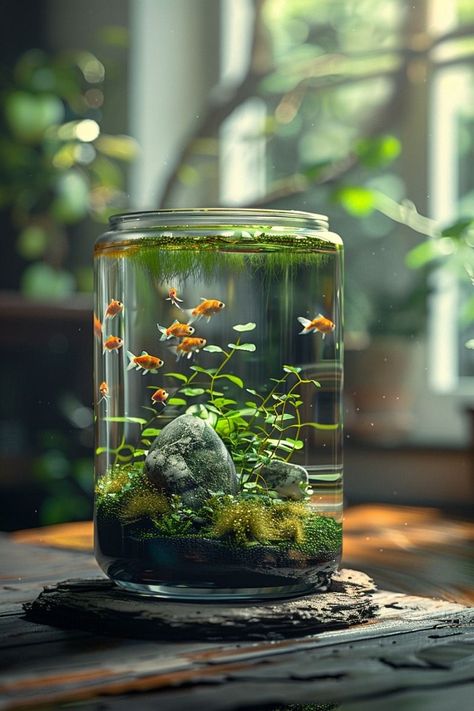 Fish Aquarium Ideas, Mini Ecosystem, Mini Fish Tank, Underwater Wonderland, Aquarium Inspiration, Whimsical Decorations, Small Water Gardens, Aquarium Stands, Ocean Aquarium