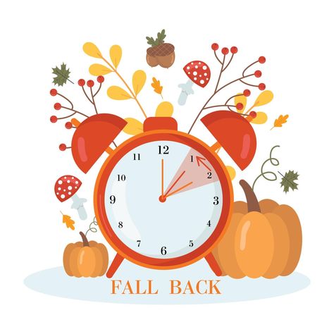 Daylight saving time concept.Alarm clock  on the autumn leaves and pumpkins background. The reminder text - set clock back one hour. Vector illustration Set Clocks Back, Daylight Saving Time Ends, Time Clipart, Time Concept, Daylight Saving Time, Clocks Back, Daylight Saving, Daylight Savings, Daylight Savings Time