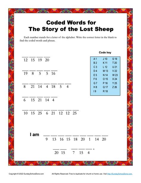 Coded Word Bible Activities for Children on Sunday School Zone The Lost Sheep Activities, Lost Sheep Activity, Sheep Activity, Sunday School Activities For Kids, School Activities For Kids, Childrens Bible Activities, Parable Of The Lost Sheep, Cousin Camp, Sabbath School