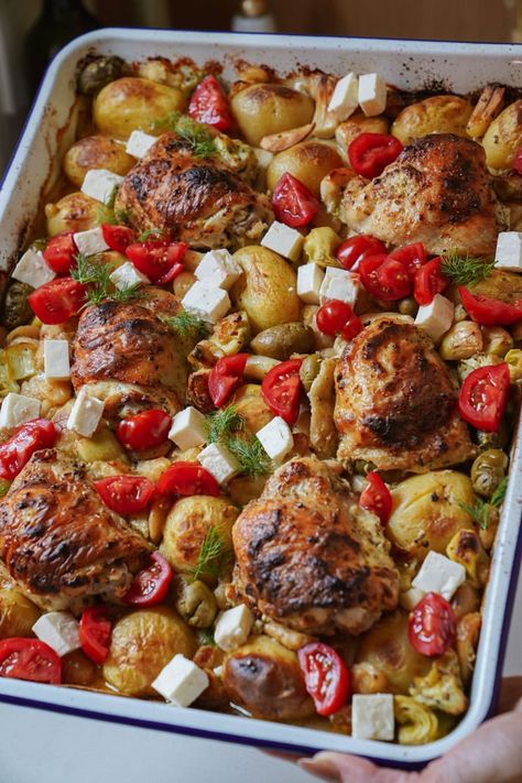 This Greek Chicken Thighs + Butter Bean Sheet Pan Meal is a delicious way to bring Mediterranean flavors to your dinner table with minimal fuss. Juicy, herb-marinated chicken thighs roast alongside crispy potatoes, tangy olives, and creamy butter beans, creating a complete meal bursting with Greek flavors—all in one pan for easy prep and cleanup. Chicken And Butter Beans, Greek Chicken With Potatoes, One Pan Chicken Thigh Dinner, Mediterranean Sheet Pan Dinners, Greek Chicken Thighs, Greek Chicken And Potatoes, Chicken Thighs Dinner, Mediterranean Recipes Healthy, Marinated Chicken Thighs