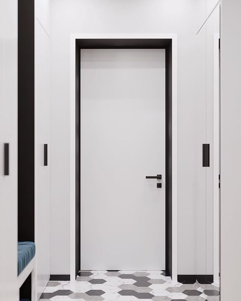 Black Door Frames Interiors White Door, Black Door Jamb White Door, White Doors Black Trim, Black And White Door, White Panel Doors, Modern Interior Doors, White House Interior, White Internal Doors, Colorful Room Decor