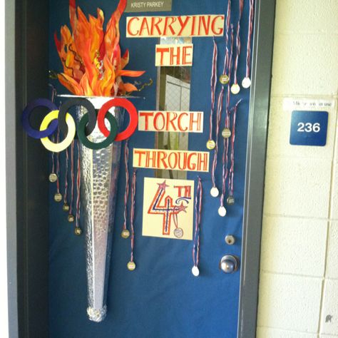 Classroom door Olympic Bulletin Board, Classroom Door Ideas, Olympics Decorations, Classroom Door Decorations, Olympic Theme Party, Teacher Appreciation Doors, Sports Theme Classroom, Olympic Theme, Library Themes