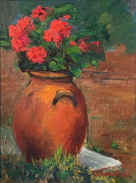 Louise Jeanne Cottard-Fossey Still-Life Painting - Flowers Terracotta Pot - French Oil C.1950 Impressionist Terracotta Painting, Terra Cotta Pots Garden, Painting Oil Paint, Modern Florals, Oil Painting Supplies, The Stag, Painting Texture, Painted Terra Cotta Pots, Impressionist Landscape