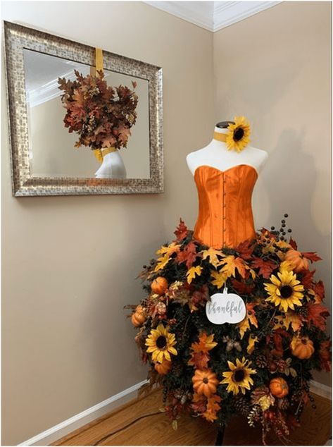 Christmas Mannequin, Dress Form Decor, Mannequin Decor, Autumn Window Display, Dress Form Christmas Tree, Mannequin Christmas Tree, Christmas Tree Dress, Fall Floral Dress, Holiday Trees