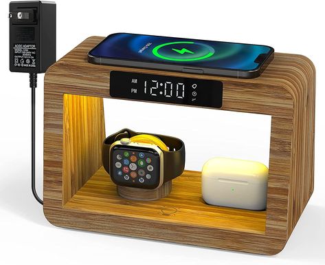 Wireless Charging Station, Fast Charger with Digital Alarm Clock & Night Light, Bamboo Charging Dock Compatible with iPhone/iWatch/AirPods/Samsung Apple Charger Station, Bedside Charging Station, Magsafe Stand, Charging Station Organizer, Iphone Charging Station, Cell Phone Charging Station, Iphone Charging, Product Innovation, Apple Watch Charger