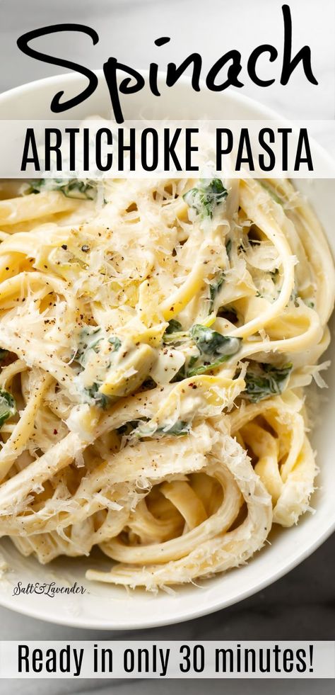 Baked Spinach Artichoke Pasta, Spinach Artichoke Dinner Recipes, Artichoke Noodle Recipes, Artichoke Lunch Ideas, Vegetarian Savory Recipes, Spinach Artichoke Recipes Dinners, Spinach Artichoke Spaghetti, Spinach Artichoke Sauce, Spinach And Artichoke Recipe