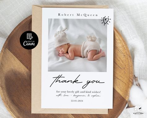 Photo Thank You Card for Newborn Baby with Name, Birth Card, Personalized Birth Announcement ThankYou Card, Baby Shower Thank You Card Canva Card For Newborn, Postcard Printable, Birth Card, Thanks Words, Baby Announcement Cards, Birth Cards, Birth Announcement Card, Photo Thank You Cards, Baby Shower Thank You Cards