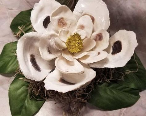 Oyster Shell Magnolia Flower, Shell Wreaths, Pawleys Island Sc, Oyster Shell Crafts, Shell Wreath, Shell Flowers, Magnolia Blossom, Pawleys Island, Magnolia Leaves