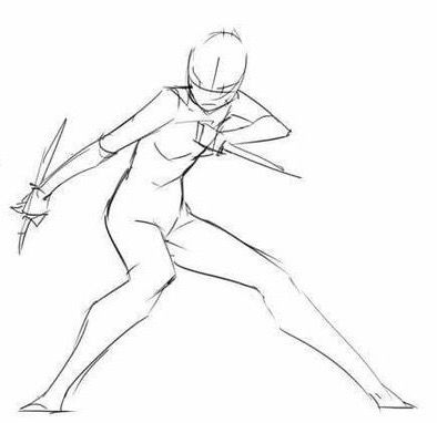 Flipping Someone Off Reference, Ninja Pose Reference Drawing, Simple Person Sketch, Pose Reference Swordman Female, Person Sketch Simple, Dual Weilding Poses Reference, Drawing Base 1 Person, Cool Poses Drawing Action, Sythe Poses Reference