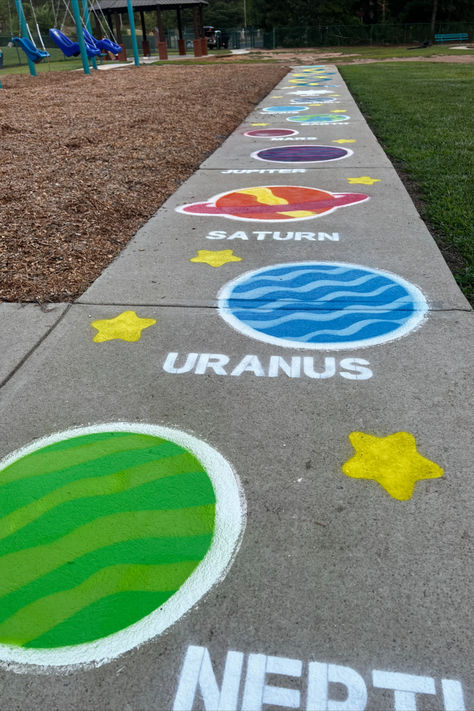 The Solar System Playground Stencil can get your students moving and playing with unlimited creative play activities. Playground Painting Ideas, Outdoor Kids Play Area Playground Design, Playground Mural, School Backyard, Elementary School Playground, Playground Painting, Home Daycare Ideas, Outdoor Kids Play Area, Sensory Path