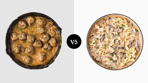 Swedish Meatballs vs Beef Stroganoff – Which Is Better? via @missvickiecom Meatball Side Dishes, Vegetarian Swedish Meatballs, Brown Onion Gravy, Buttery Noodles, Meatball Stroganoff, Leftover Meatballs, Russian Dishes, Beef Marinade, Tasty Meat