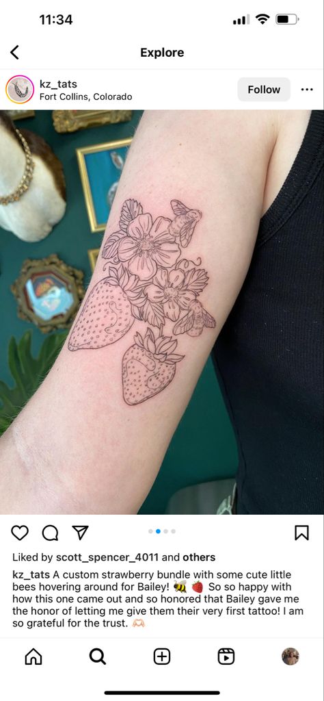 strawberry tattoo with flowers and bee Tattoo With Flowers, Strawberry Tattoo, I Am So Grateful, Tattoo Sleeve, First Tattoo, So Grateful, Flower Tattoos, Sleeve Tattoos, Instagram A