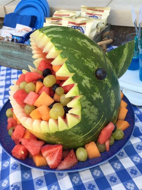 Shark watermelon for Jase's 4th birthday party Octopus Cake Pops, Watermelon Shark, Fishing Birthday Party, Ocean Birthday, Ocean Party, Sea Birthday Party, Mermaid Parties, Fishing Birthday, Sea Birthday