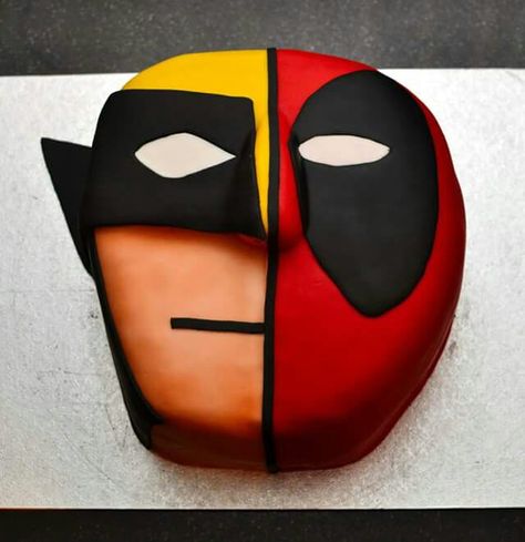 Marvel Hero Split Face Cake.  Wolverine on the left and Deadpool on the right Deadpool And Wolverine Party Ideas, Wolverine Cake Ideas, Deadpool And Wolverine Cake, Deadpool And Wolverine Nail Art, Deadpool And Wolverine Cake Ideas, Wolverine Cake, Deadpool Cake, Deadpool And Wolverine Necklace, Anime Cake