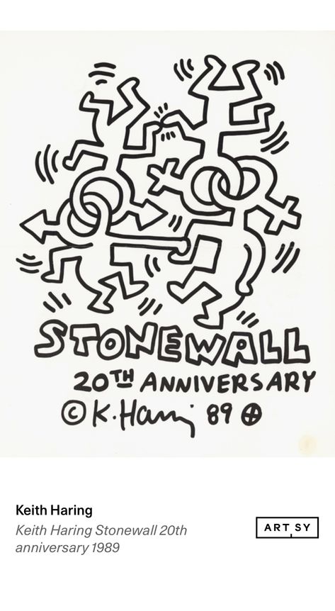 Keith Haring Stonewall 20th anniversary 1989 by Keith Haring on Artsy https://www.artsy.net/artwork/keith-haring-keith-haring-stonewall-20th-anniversary-1989?utm_content=artwork-share Keith Harrington Tattoo, Keith Harrington Art, Queer Poetry, Keith Haring Tattoo, Keith Haring Artwork, Keith Haring Art, Haring Art, Drawing Legs, Weird Drawings