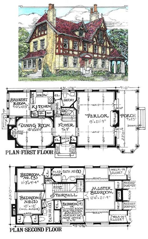 This plan is another long-time favourite. I absolutely love it. I would have to alter the upstairs bathrooms somewhat. What’s labeled as bedroom 4 would become a lovely master bathroom. I would probably remove the linen closet off the hall, turn... Tudor House Plans, Victorian House Plans, Castle Building, Vintage House Plans, Sims Houses, Sims Builds, Sims House Plans, Bedroom Seating, Rpg Maps