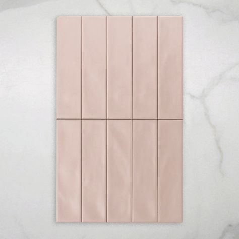 Whitehaven Pink Wavy Satin Ceramic Subway Tile 68x280mm Pastel Subway Tile, Pink Subway Tile, Tile Choice, Pink Ceramic Tile, Tiles Terracotta, Travertine Tiles, Wood Plank Flooring, Rectified Tile, Tiles Marble