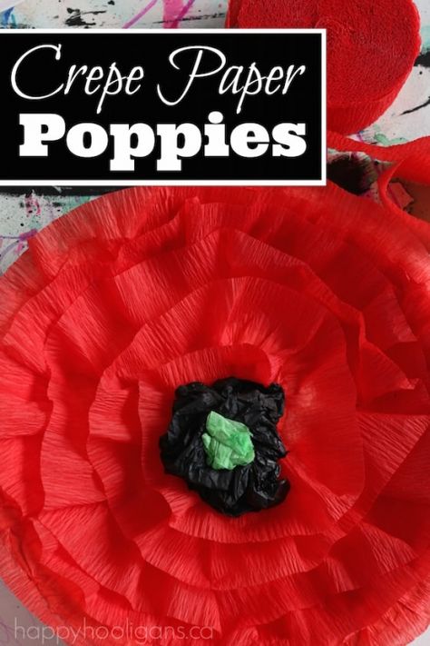 Crepe Paper Poppies - Happy Hooligans Making Poppies, Poppies Craft, Paper Plate Poppy Craft, Crepe Paper Poppy, Memorial Day Poppies, Poppy Craft For Kids, Veterans Day Poppy, Poppy Template, Paper Poppies