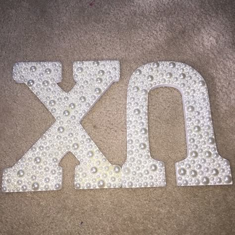 chi omega pearl letters Chi Omega Wooden Letters, Pearl Sorority Letters, Chi Omega Letters Painted, Greek Letters Painted Sorority, Chi Omega Big Little Basket, Decorated Sorority Letters, Axo Canvas, Greek Letters Painted, Sorority Letters Painted