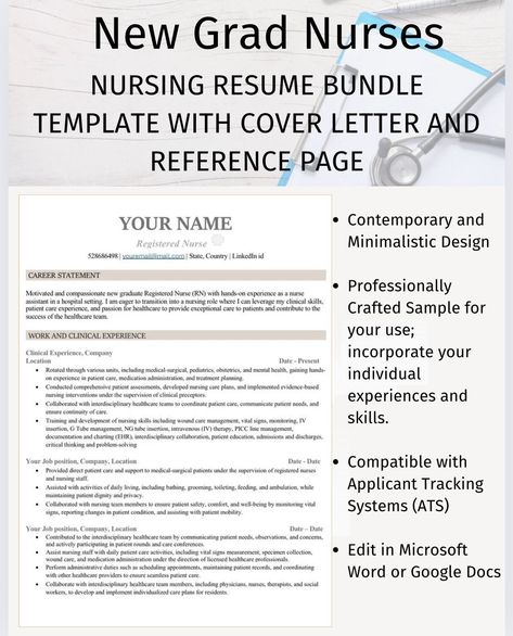 This bundle includes everything you need to create a polished resume that will help you land your dream nursing job. With a professionally written resume, cover letter, and reference page, you'll be well-prepared to take the next step in your New Grad Nursing Resume, Nursing Cv, Reference Template, New Grad Nurse, Reference Page, Nursing Resume Template, Job Cover Letter, Resignation Letters, Job Resume Examples