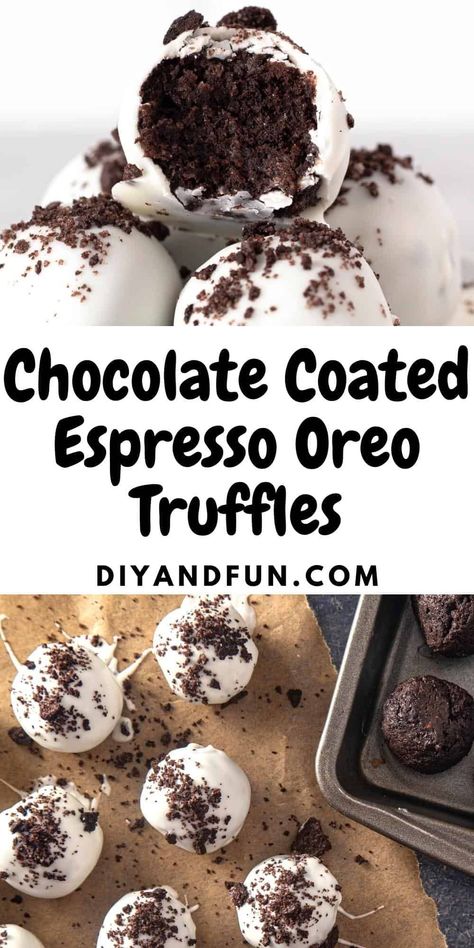 Chocolate Coated Espresso Oreo Truffles, a simple four ingredient snack or dessert recipe made with cookies and coffee. Espresso Truffles Recipe, Coffee Truffles Recipe, Coffee Truffles, Cookies And Coffee, Espresso Truffles, Oreo Truffles Recipe, Espresso Cookie, Coffee Cookies, Oreo Truffles