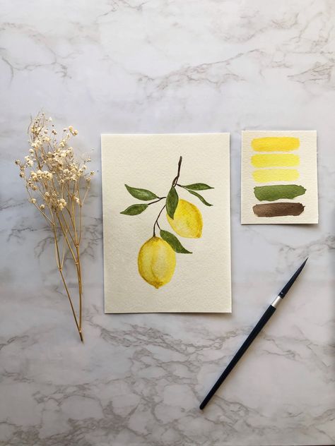 Watercolour Lemon Painting, Water Colour Lemons, Watercolor Art Lemon, Lemons Watercolor Painting, Watercolor Lemon Tutorial, Watercolor Lemon Paintings, Simple Lemon Painting, Easy Lemon Painting, Lemon Painting Watercolor