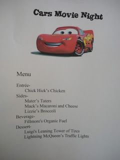 Craftzilla: Disney Movie Nights - Cars Cars Movie Night Dinner, Cars Themed Dinner, Cars Movie Night, Disney Movie Nights, Disney Movie Themed Dinner, Disney Nights, Movie Night Date, Disney Movie Night Menu, Theme Dinners