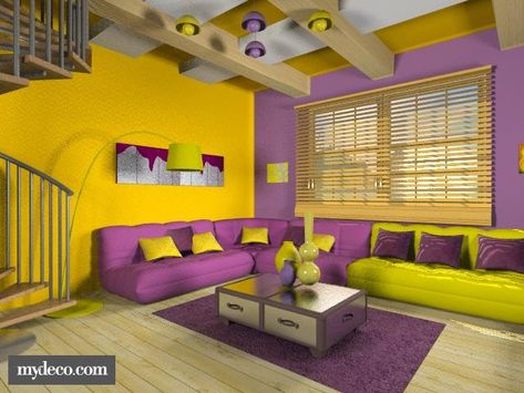 This yellow and purple room is very cool. The colors are evened out on each side. Yellow and purple are opposit on the color wheel this is what makes them look so nice. Purple And Yellow Bedroom, Purple Living Room, Room Color Combination, Popular Living Room, Living Room Wall Color, Colourful Living Room Decor, Room Wall Colors, Yellow Room, Purple Rooms