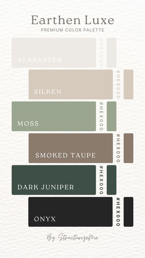 Elevate your design projects with the Earthen Luxe Premium Palette. These sophisticated colors, including Moss and Smoked Taupe, are perfect for creating a luxurious and cohesive brand identity. Deep Green Color Scheme, Emerald Palette Colour Schemes, Color Pallet With Emerald Green, Colors With Sage Green Colour Palettes, Colors That Compliment Forest Green, Colour Palette Emerald Green, Olive Green And Tan Color Palette, Green Tan Black Color Palette, New House Color Scheme